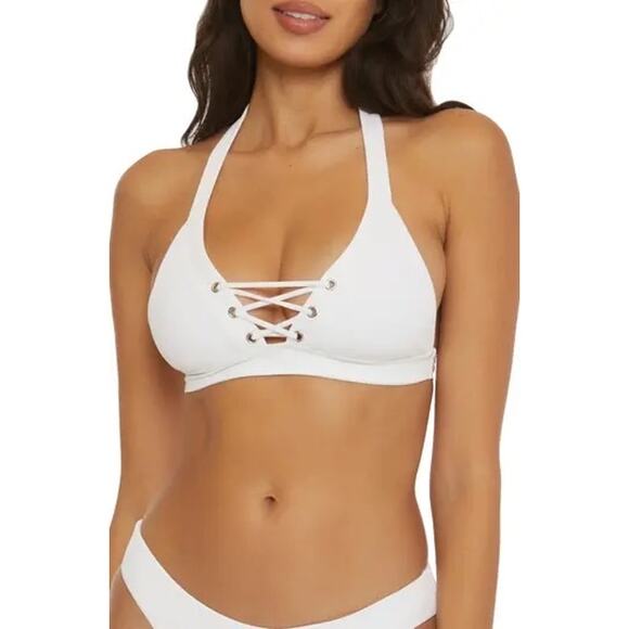 Becca Rebecca Virtue Modern Edge White Ribbed Lace Up Strappy Halter Bikini Top - Picture 1 of 7